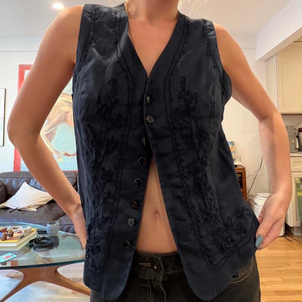 Vintage Navy Blue Linen Embroidered Button Front Vest Boho Coastal Minimal Top